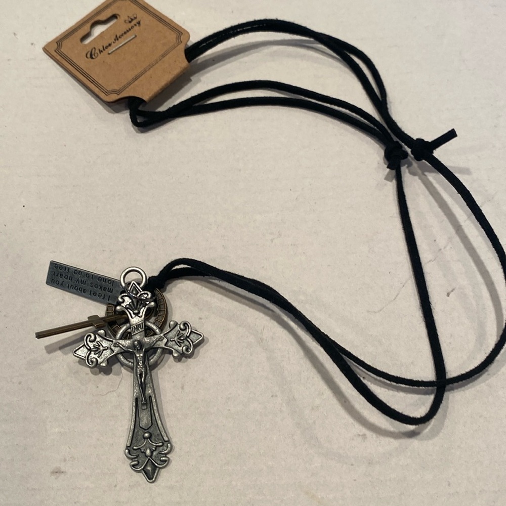 NWT and vintage-Style antique-looking black Celtic Cross, with Amulets